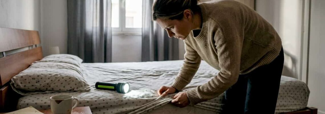 Una donna esamina il materasso nella sua camera da letto.