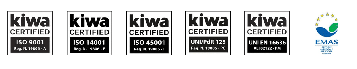 Certificazioni Biocimex: Kiwa ISO 9001, ISO 14001, ISO 45001, UNI/PdR 125, UNI EN 16636 ed EMAS