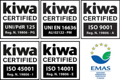 Certificazioni Ekonore: Kiwa ISO 9001, ISO 14001, ISO 45001, UNI/PdR 125, UNI EN 16636, EMAS