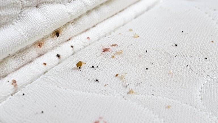 Tracce di cimici dei letti sul materasso: puntini neri, macchie di sangue e mute, assenti con gli acari