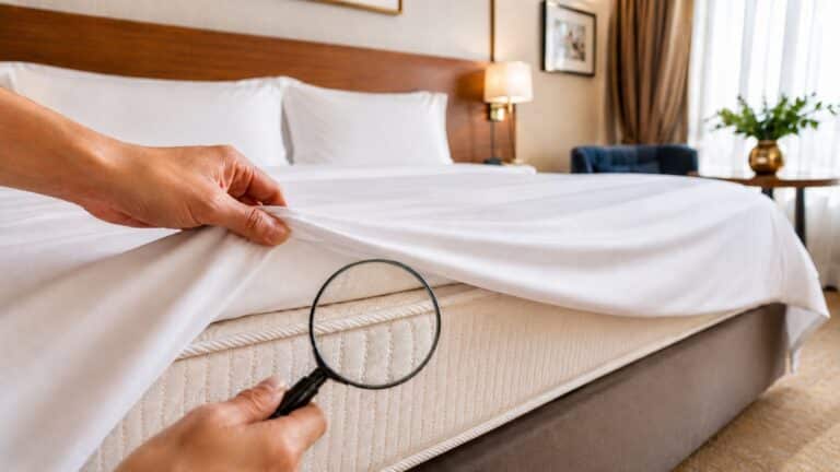 Caso studio cimici dei letti in hotel a Roma: ispezione della cucitura del materasso in una camera d’albergo