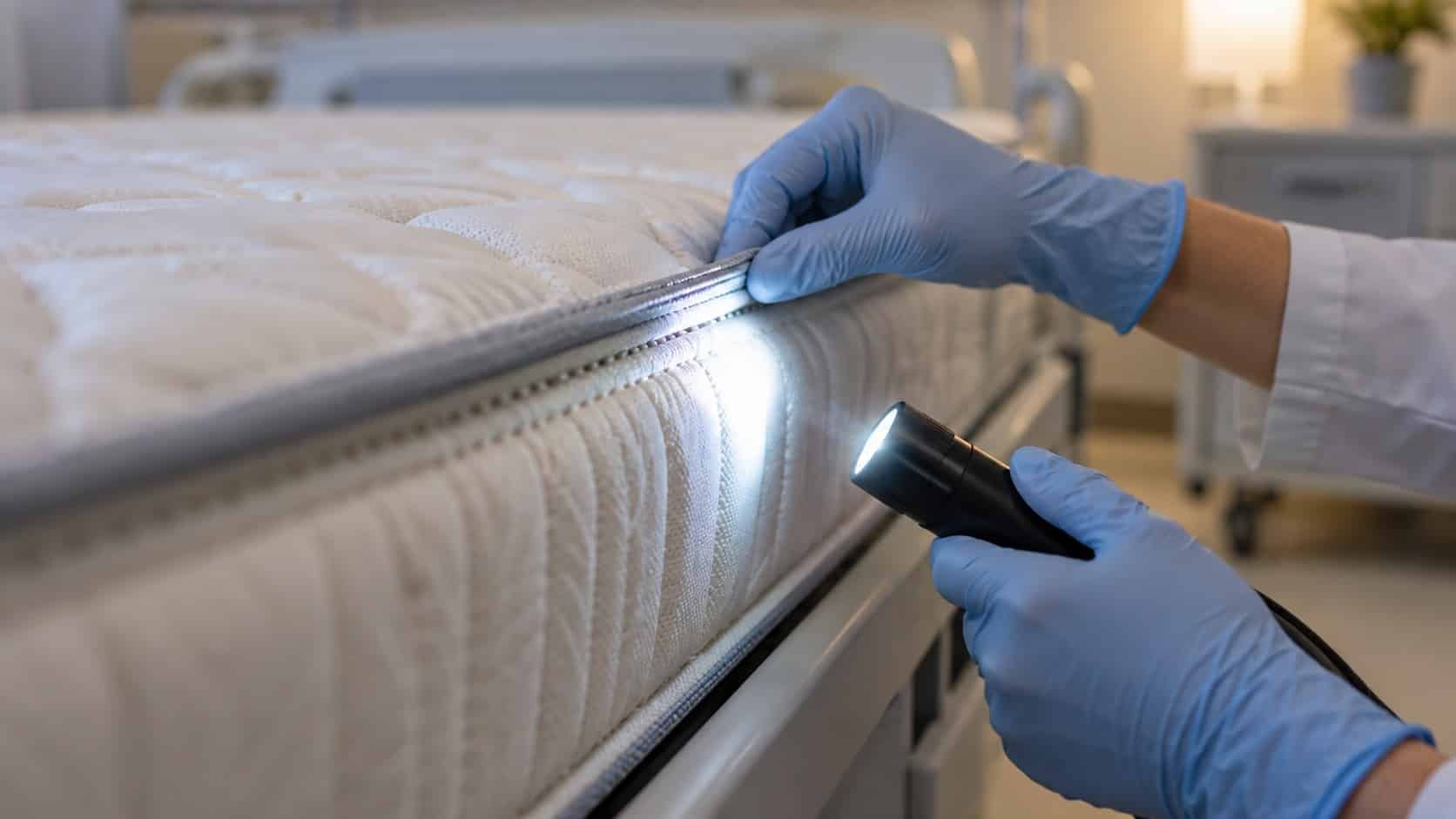 Ispezione delle cuciture di un materasso alla ricerca di cimici dei letti