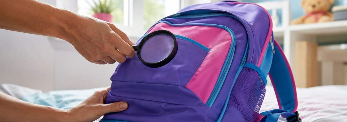 Cimici dei letti a scuola: controllo delle cuciture dello zaino scolastico con lente di ingrandimento