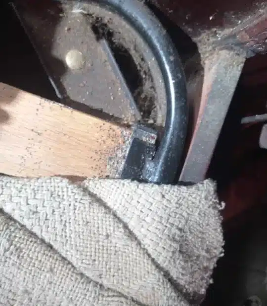 Segni neri di cimici dei letti sulle doghe della rete del letto