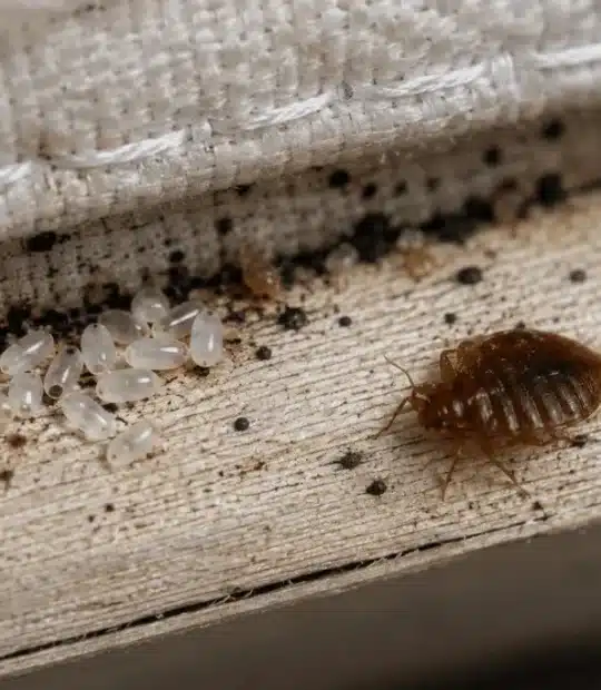 Uova e tracce di cimici dei letti nelle cuciture di un materasso