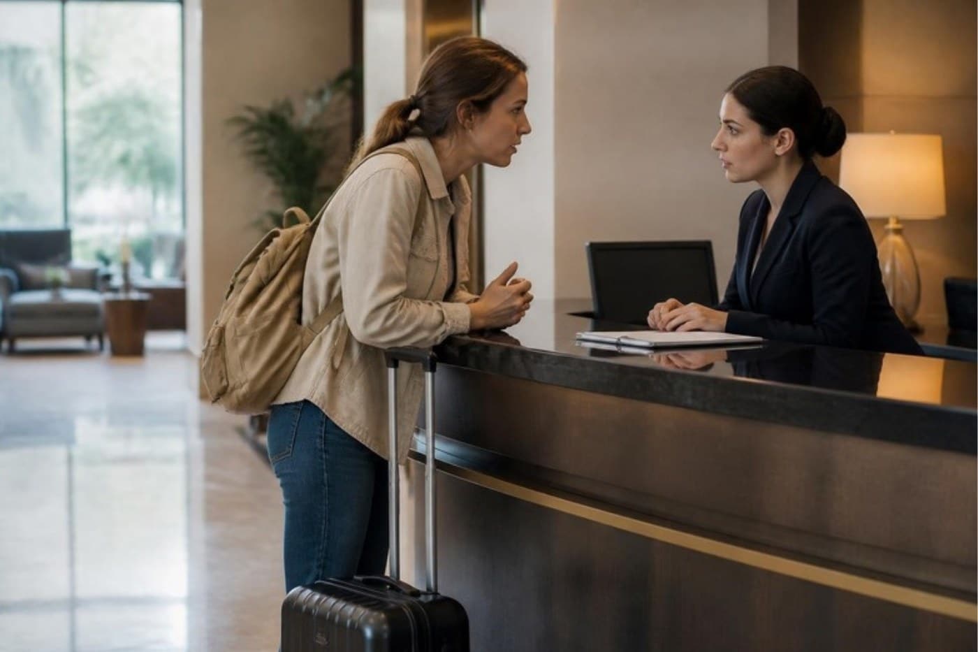 Ospite che parla con la receptionist al banco di un hotel per segnalare un problema in camera